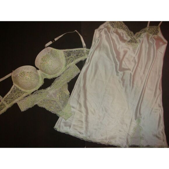 Victoria's Secret 36D BRA SET+L thong+SLIP GREEN ivory white BRIDAL crystallized